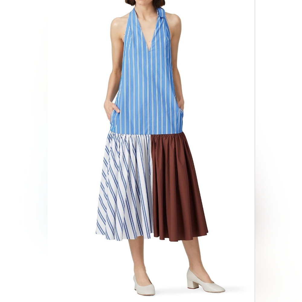 Tibi Blue Stripe Halter Midi Dress Colorblock Skirt | Size 8